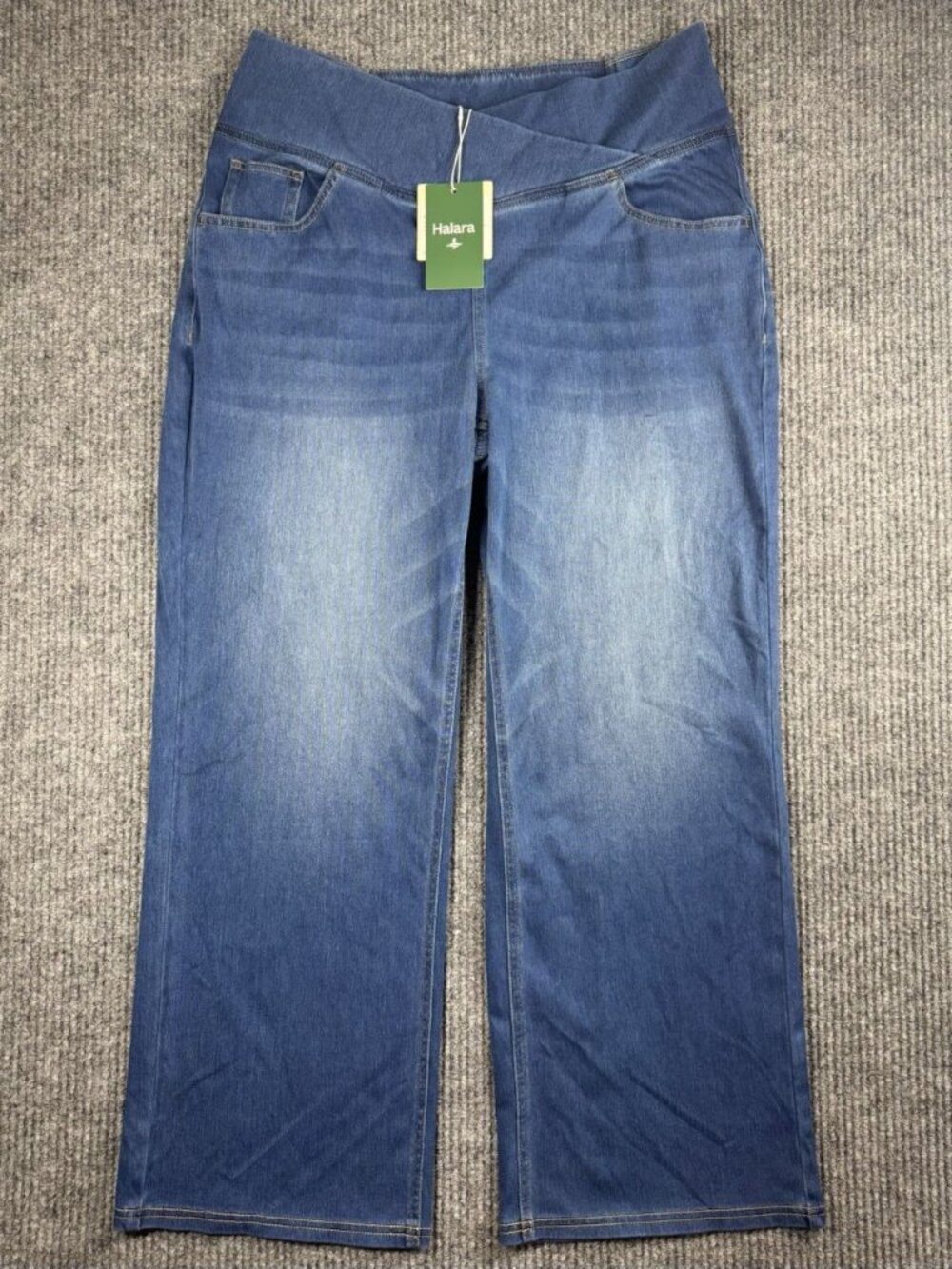 Halara Flex Denim Jeans Womens XL Petite XLP Blue Pull On Wide Leg Crossover NEW